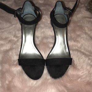 Black sweude shorter open toed heels